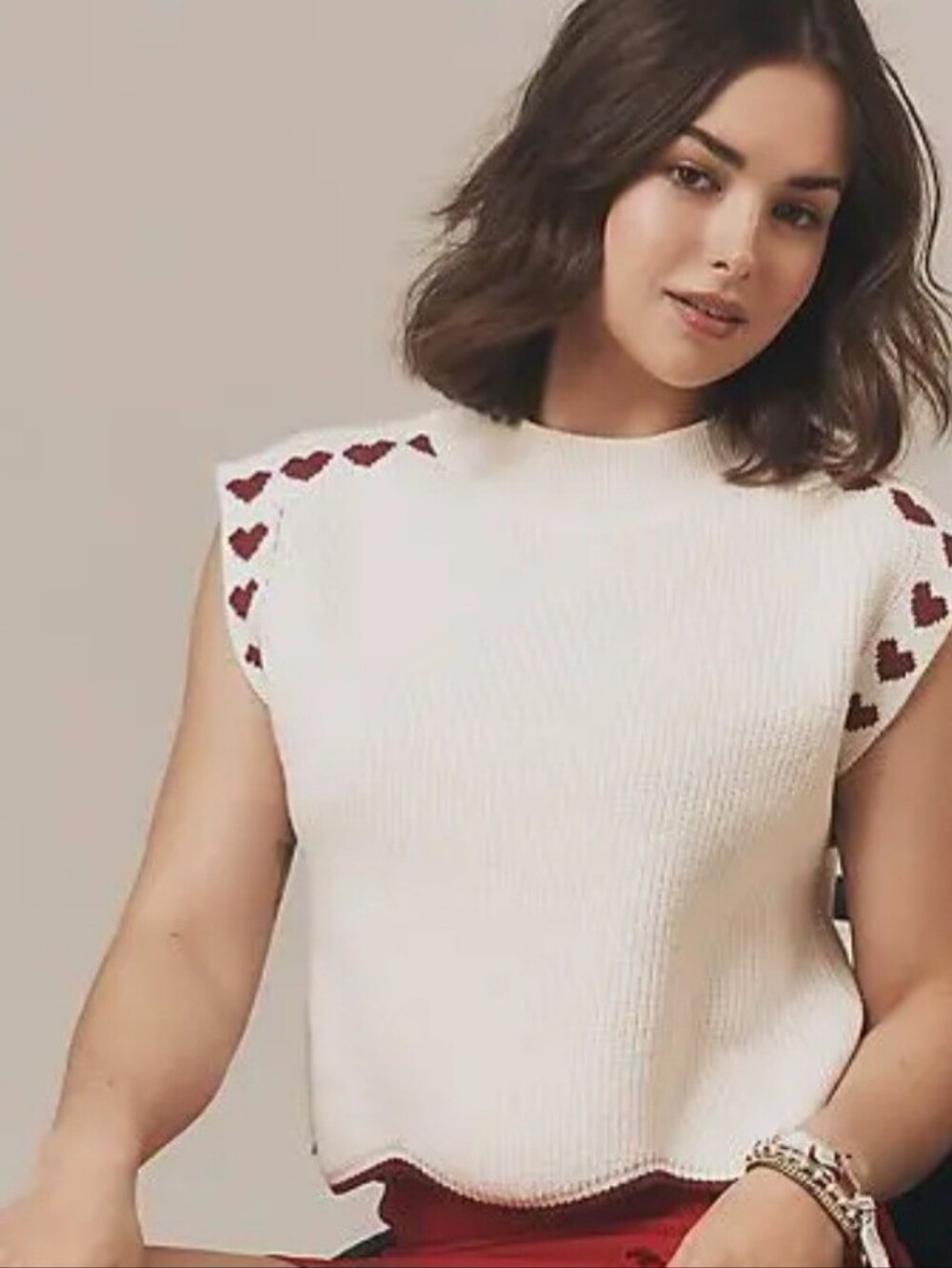 Maeve New Cap Sleeve Cropped Cream Knit Mock Sweater Vest Red Hearts Nwt Small S
